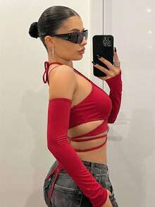 SHEIN ICON 女款修身式交叉綁帶可拆卸袖上衣 - 紅色 - 查看 5