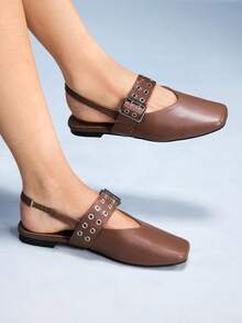 CUCCOO GRLICON Sepatu Flat Slip-On Ujung Persegi untuk Wanita, Cocok untuk Hari Valentine - Coklat - View 5
