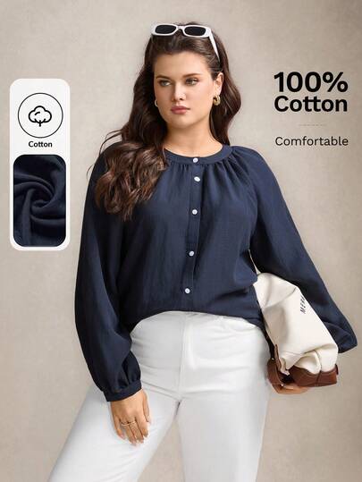 Zelara Plus Size Casual Versatile Commute Solid Color Lantern Sleeve Shirt  Summer Holiday Outfits Plus Size Cotton Tops Tops For Women Plus Women Shirts Plus Size Plus Size Blouse Women Cotton Blouses Blusas Blusas Feminina Valentine's Day Vacation Outfits Women