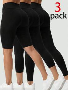 SHEIN SXY 3pcs/Set Casual Sports Daily Commute Simple Versatile Solid Black Leggings, 3 Lengths: Capri/7/8 Length/Full Length - Black - View 1