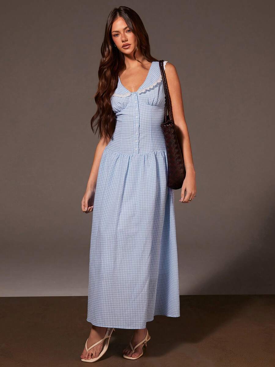 Athîral Women's Plaid Single-Breasted Sleeveless Waist Cinched Elegant Dress - Blue and White - View 1