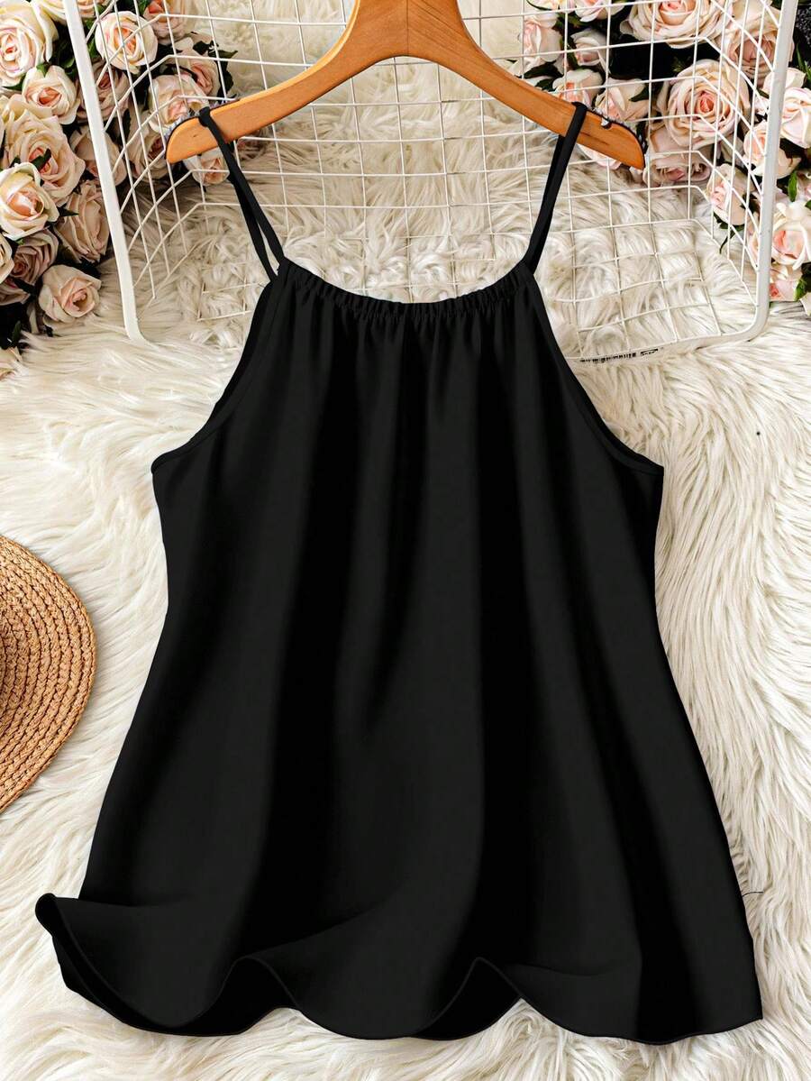 SHEIN LUNE Plus Size Solid Color Casual Versatile Camisole, Suitable For Summer - Black - View 1