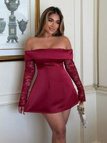 Maria Perezxox Váy ngắn ren hở vai thanh lịch dành cho nữ, thích hợp cho tiệc sinh nhật, tiệc trở lại trường, tiệc khiêu vũ tốt nghiệp, họp mặt chị em, tiệc trà chiều - Màu Đỏ Sâu - Xem 5