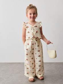 Maija Kids Kleine Mädchen Blume Muster Webstoff Trägerhemd und Hose Lässig Süßes Set - Aprikosenfarben - Übersicht 1