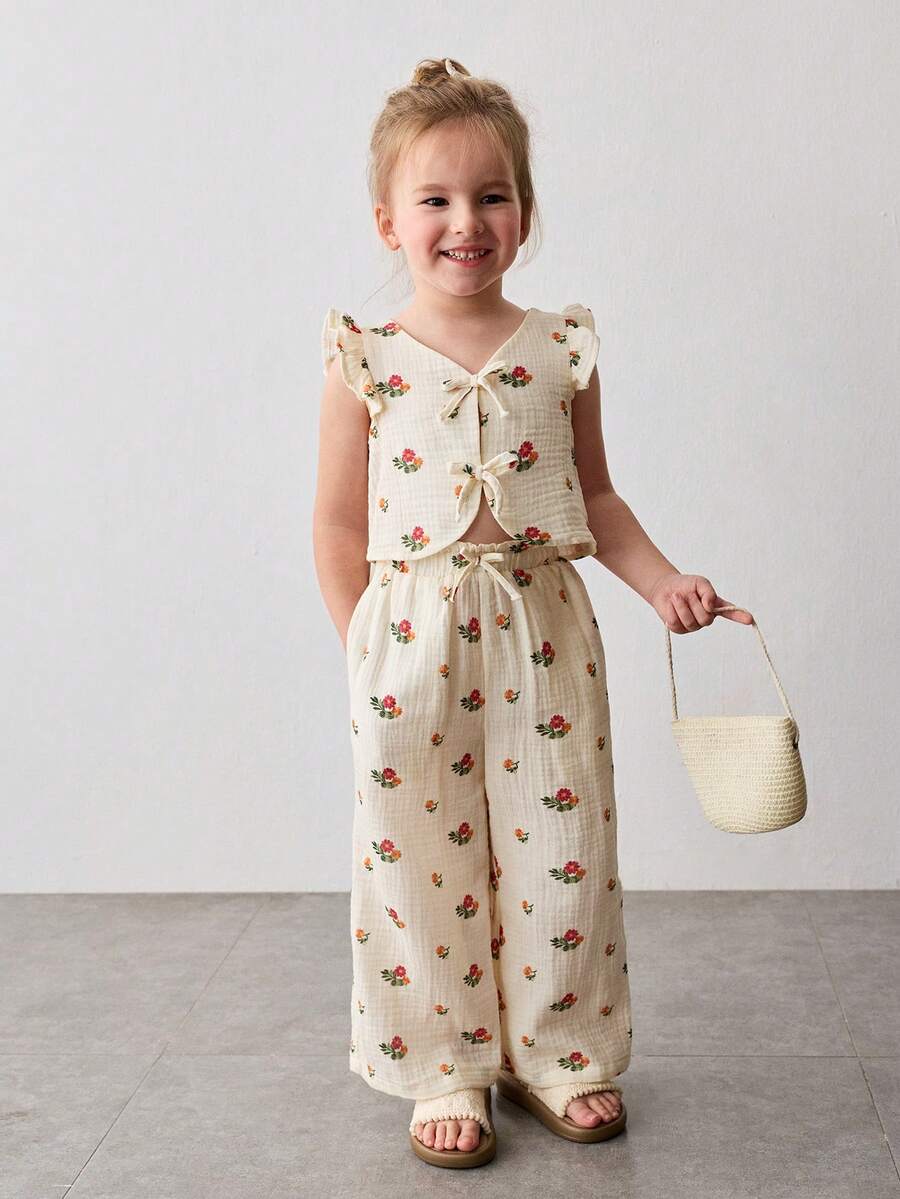 Maija Kids Kleine Mädchen Blume Muster Webstoff Trägerhemd und Hose Lässig Süßes Set - Aprikosenfarben - Übersicht 1