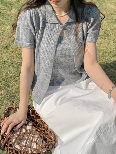 DAZY 2件套女式韩版针织吊带背心和开衫套装，纯色休闲款