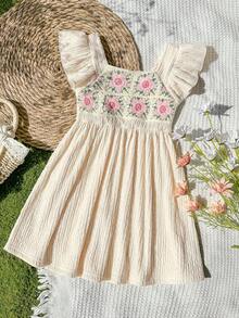 SHEIN Vintaside Kids Đầm công chúa tay ngắn xếp ly, thêu hoa phối màu tương phản, kẻ caro cho bé gái, thích hợp cho kỳ nghỉ và dã ngoại. - Màu be - Xem 3