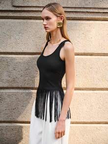 Lumivelle Valentine's Day Women's Fashion Simple U-Neck Fitted Tank Top With Hem Fringe Trim Party Top Fringe Tops For Women Black Fringe Top Summer Tops Women - Black - View 7