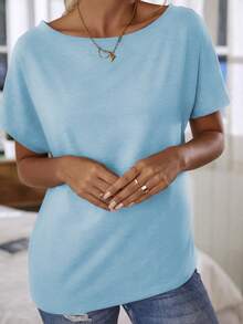 EMERY ROSE Camiseta feminina casual para o dia a dia, cor sólida, manga morcego, modelagem solta, ideal para o verão. - Baby Azul - Ver 4