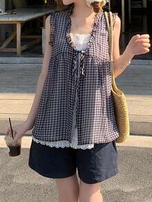 DAZY Women's Plaid Patchwork Short Sleeve Top, Fresh And Youthful Korean Style, Summer - Black and White - View 11