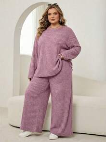 SHEIN CURVE+ Plus Size Crew Neck Drop Shoulder Long Sleeve Loose Ribbed 2 Pieces Set - Dusty Pink - View 6