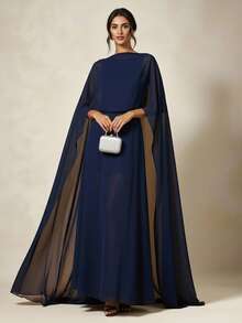 Briarwyn 女士纯色网纱拼接露背优雅收腰长裙，适合派对和聚会 - 藏蓝色 - 查看 3