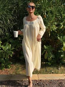 DAZY Loose Fit Long Embroidered Floral Trim Women Nightgown - Yellow - View 4