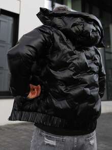Artur Kramer 男士亮面立领防风长袖可拆卸连帽纯色休闲棉服外套，秋冬季保暖 - 黑色 - 查看 2