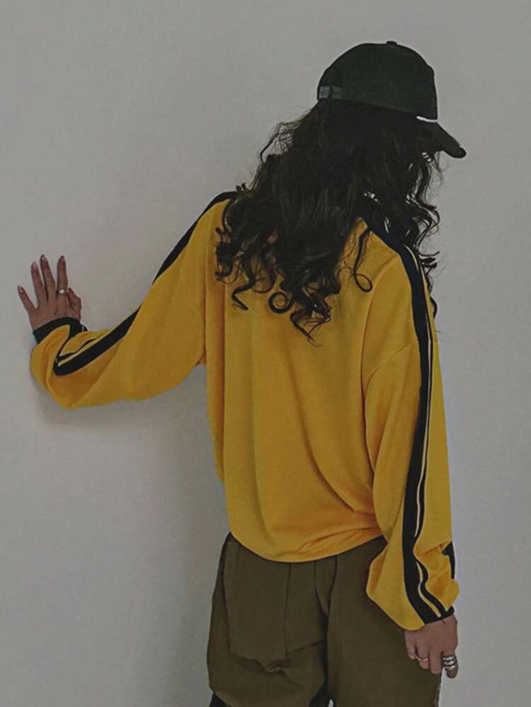 Women's Contrast Color Splicing Ribbon Loose V-Neck Long Sleeve T-Shirt, Yellow, Spring/Summer/Autumn