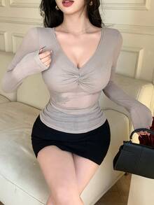 DAZY Women's Twist V-Neck Fitted Long Sleeve T-Shirt, Stylish And Slimming - Khaki - View 7