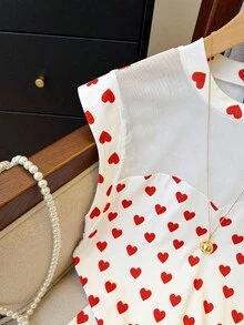 Franclia 女士时尚纯色网眼拼接爱心印花T恤 - 紅白色 - 查看 8