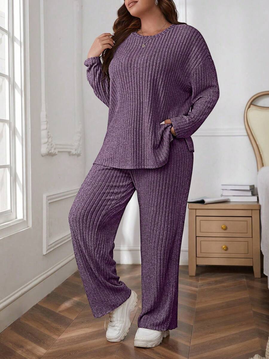 SHEIN Essnce 2pcs Plus Size Solid Color Rib Knit Long Sleeve Top And Pants Set, Casual Autumn - Purple - View 1