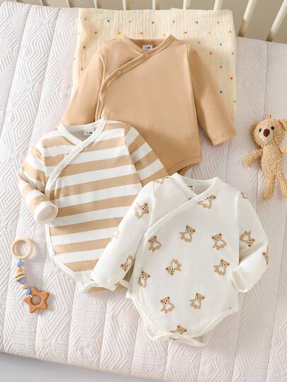 SHEIN 3件套新生儿宝宝休闲可爱卡通条纹图案长袖连体衣套装，适合日常穿着