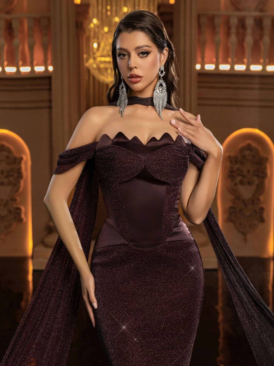 Glamrae Elegant Crafted Floral Lace Collar Structural Splice Ruffle Hem Flared Hem Cocktail Party Dress, Evening Dress, Lightweight Mesh Dress - Coffee Brown - View 1