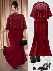 Cravure Bộ đồ 2 mảnh cỡ lớn bằng vải chiffon nhẹ, cổ cao, đính ngọc trai không đều, kết hợp với áo choàng và áo hai dây cạp chun mềm mại, dáng đuôi cá, thanh lịch cho dạo phố, hẹn hò, dự tiệc, buổi tối hoặc tiệc trà chiều. - Màu Đỏ Sâu - Xem 7