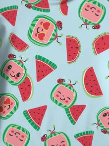 CoComelon X SHEIN Young Girl Watermelon & Cartoon Print Short Sleeve Dress - White - View 4