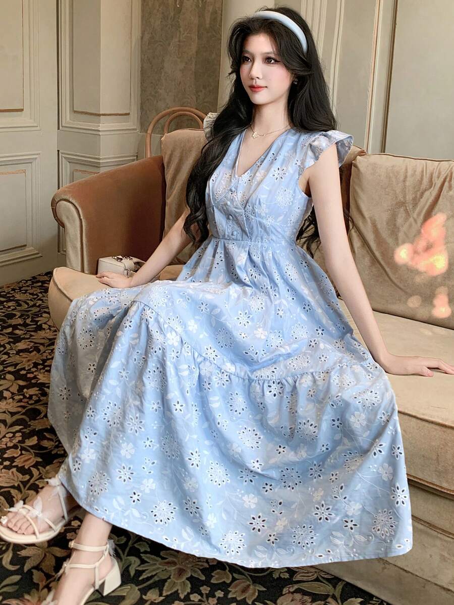 DAZY Women's Elegant Floral Embroidered Mid-Length Dress, Summer - Blue - View 1