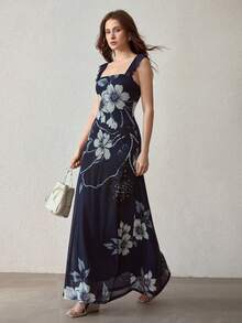 MOTF PREMIUM WOMEN'S CONTRAST MESH FLORAL PRINT SPAGHETTI STRAP DRESS - Navy Blue - View 2