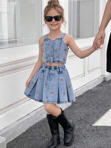 Young Girls Cute Style Toddler Girls Denim Set, Spring/Summer, Light Blue Denim Color, Bow Embroidery Design, Fitted Silhouette, Denim Camisole Top Paired With Light Blue Denim Bow Embroidery A-Line Pleated Skirt, Soft And Comfortable Fabric, Suitable For School, Commute, And Daily Outings 2pcs Denim Set Toddler Girls Denim Skirt Set Girl Girl Two Pieces Dress Outfit Skirt Two Pcs Set Girl Summer Denim - Light Wash - View 8