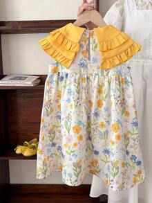SHEIN LMoss Kids Vestido ajustado con cuello Peter Pan y estampado floral pequeño para niña, conjunto de ropa para vacaciones - Amarillo - Ver 5