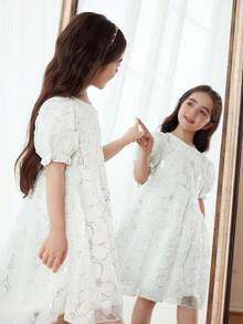 Vestido de fiesta de alta gama para niñas de moda nueva de verano, cuello redondo de malla con lentejuelas, manga abullonada, cremallera en la espalda, falda acampanada, vestido de princesa adecuado para actuaciones, banquetes, niña de las flores en bodas - Blanco - Ver 5