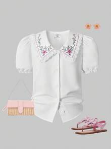 SHEIN ChillGRL Áo sơ mi nữ tuổi teen in hoa, cổ bèo nhún, cài cúc, tay phồng. - trắng - Xem 9