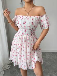 Elenzga فستان أنيق وأنثوي بأكمام مكشكشة وطبعة زهور صغيرة على كتف واحد بقصة A-line قصير، مناسب للمواعيد والخروجات والعطلات، بطراز منعش، ضروري للتصوير الفوتوغرافي، متعدد الاستخدامات، للربيع والصيف - متعدد الألوان - مشاهدة 4
