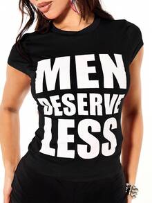 SUMWON WOMEN Áo thun croptop tay ngắn cổ tròn chất liệu cotton pha, in chữ trắng nổi bật, thích hợp mặc hàng ngày. - màu đen - Xem 4