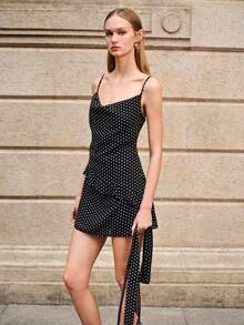 Lumivelle Valentine's Day Women's New Chiffon Polka Dot Ruffled Collar Super Long Ruffle Patchwork A-Line Waist Elegant Elegant Fashion Spaghetti Strap Dress, Spring/Summer  Summer Dress Black Dress Wedding Party Dress Black And White Polka Dot Dress Black Summer Dress Women - Black - View 7