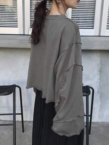 FRIFUL Women's Loose Cropped Sweatshirt With Ruffle Hem, Grey, Spring Apparel - Grey - View 5