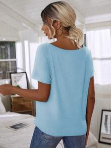 EMERY ROSE Camiseta feminina casual para o dia a dia, cor sólida, manga morcego, modelagem solta, ideal para o verão. - Baby Azul - Ver 2