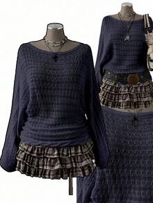 Sunspun Áo len dài tay dáng rộng, màu trơn, kiểu Bohemian/Y2K dành cho nữ, cỡ lớn, chất liệu vải đục lỗ, thích hợp mặc đi nghỉ mát và mọi mùa. - Xanh đậm - Xem 1