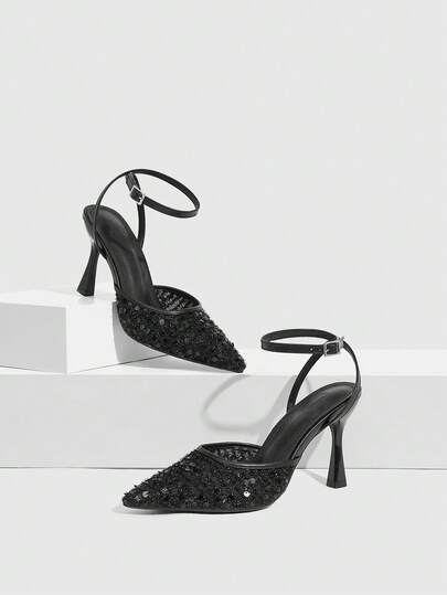 CUCCOO SZL Damsandaler med paljettmönster och stängd tå, högklackade sandaler, trendiga vardagskläder för jobbet, sommar/höst