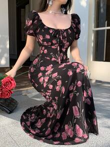 DAZY Sommarklänning i chiffong med blommig puffärm 2024, midja åtsittande, bantande fransk romantisk stil - Svart - Visa 3