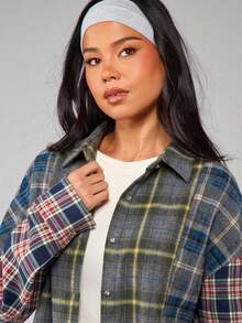 MISSGUIDED Mixed Plaid Button Up Collared Shirt With Contrasting Sleeves Fall Winter Casual Office Blouse Top - Multicolor - View 4