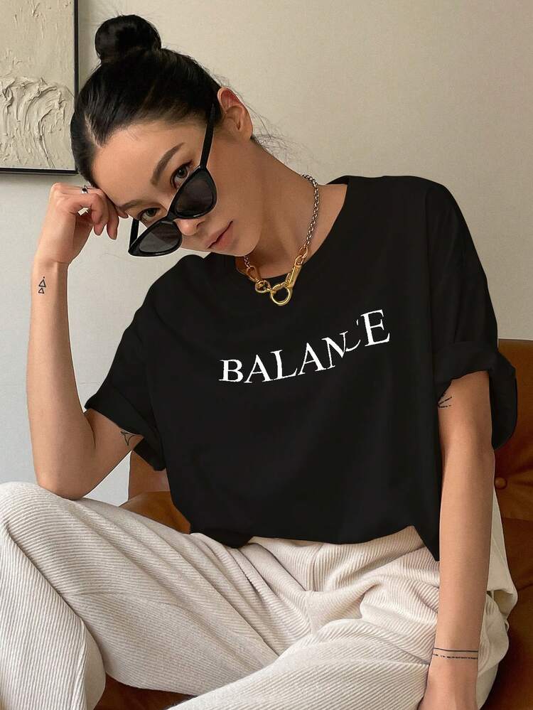 Letter Print Drop Shoulder Tee Summer Preppy Tops