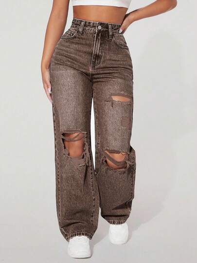 SHEIN PETITE Jeans en denim décontractés, taille haute, avec poches, jambes larges et déchirés pour femmes
