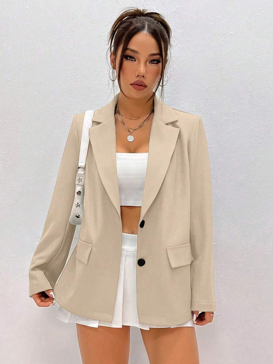 Flirla Women Plain And Simple Daily Lapel Blazer Jacket - Khaki - View 1