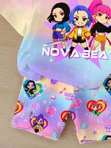 SHEIN 两件套女婴休闲时尚彩色韩流女团卡通人物字母星星印花套装，渐变扎染马卡龙色，圆领短袖T恤和短裤，适合夏季穿着 - 彩色 - 查看 5