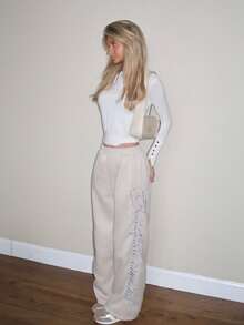 Sydney Algeri Embroidered Pattern Thermal Lined Casual Loose Women Sweatpants, Y2k Sweatpants, Baggy Sweatpants,Fall - Khaki - View 4