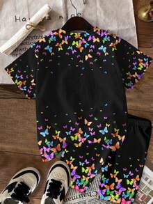Tween Girls K-Pop Butterfly All Over Print Short Sleeve Round Neck T-Shirt With Biker Shorts Set - Multicolor - View 3