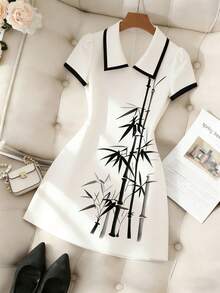 SHEIN Franclia Black & White Contrast Decor Elegant Collared Dress, Collegiate Style For Women Summer Dress Valentines Day Dress Beach Dress Party Dresses Wedding Guest Dress Elegant Dresses Vacation Outfits Women Floral Dress White Dress Chinese Standing Collar Dress Holiday Dress Casual Dress Graphic Dress - Black and White - View 3