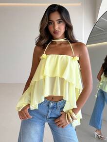 Aloruh 黄色雪纺3D立体花卉浪漫吊带背心，优雅百搭，适合度假、音乐节、派对、奶油黄、复活节、圣帕特里克节、狂欢节、商务休闲、办公室着装、外出、约会、教师、音乐会、乡村音乐会、夏季、春季、海滩、婚礼及活动等场合。 - 淡黃色 - 查看 5