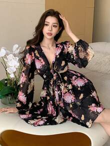 DAZY 法式粉色碎花V领长袖连衣裙，春季新款，系带雪纺裙，成熟优雅A字裙摆。吊带裙 - 黑色 - 查看 6